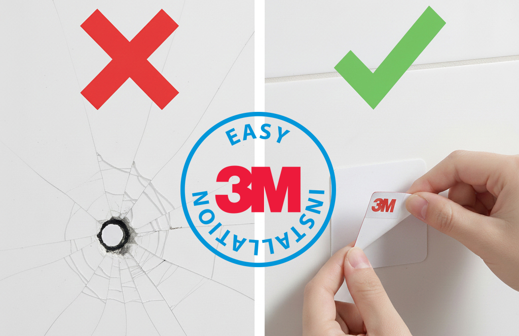 Easy installation 3M: Jednoduchý spôsob montáže, ktorý nepoškodí obklady.