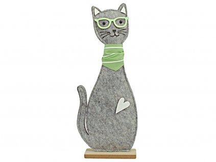 Kočka stojící z filcu na dřevěné podložce - šedá