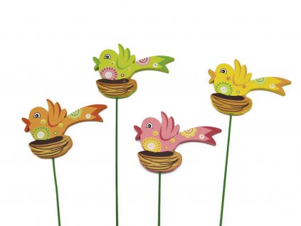 Zápich ptáček v hnízdě dřevo balení 8ks