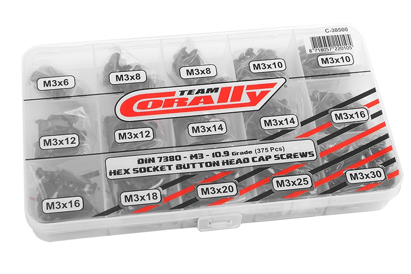 Fotografie produktu: TEAM CORALLY Imbus šrouby s půlkulatou hlavou - sada/box - M3 - ocelové černé, 375 ks.