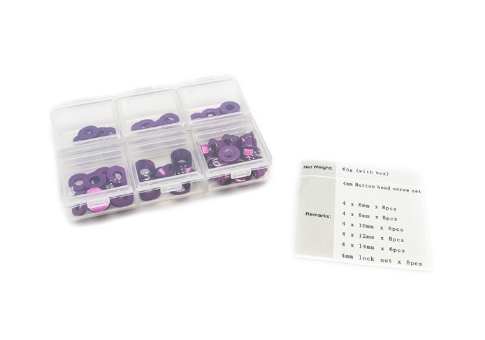Fotografie produktu: HOBBYTECH 4mm sada podložek fialové(6mm/8mm/10mm/12mm/14mm) plus M4 Matky v plastovém boxu