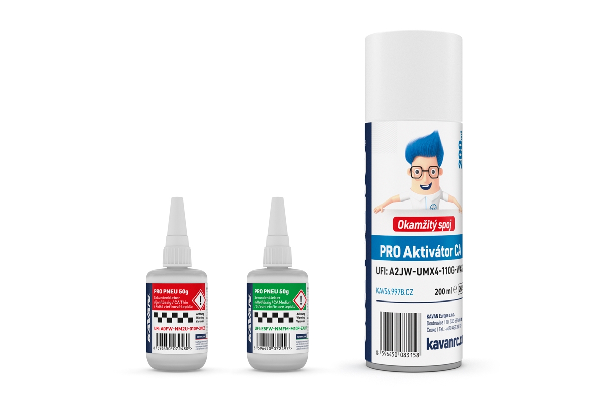 Fotografie produktu: KAVAN PRO PNEU střední a řidké vteřinové lepidlo 50g + Kavan PRO aktivátor CA 200ml
