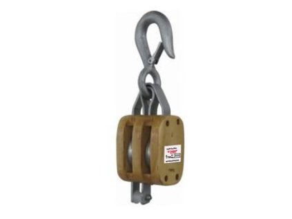 Kladka ze dřeva s dvojitým kolem a hákem s pojistkou