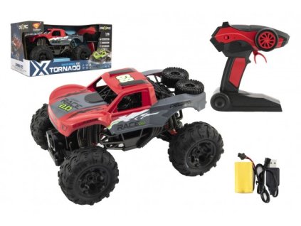 Auto RC terénní 4x4 červené plast 29cm 2,4GHz na baterie + dobíjecí pack v krabici 40x20x22cm