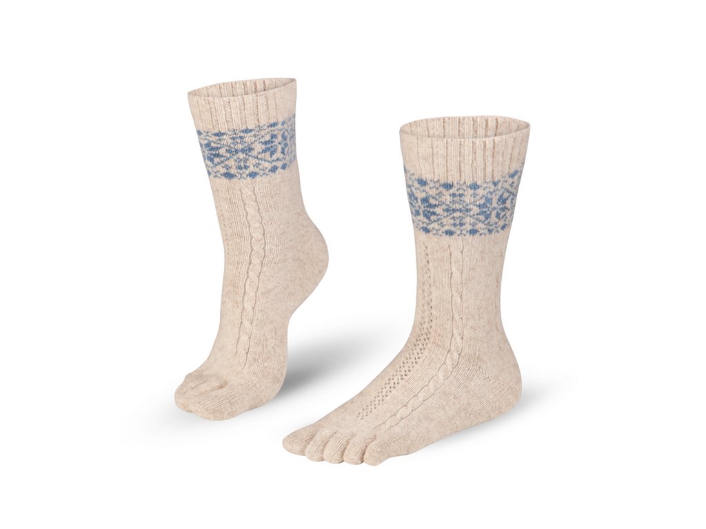 Winter Merino and Cashmere Toe Socks - Snowflakes -Beige and Blue -  Realfoot Shoes