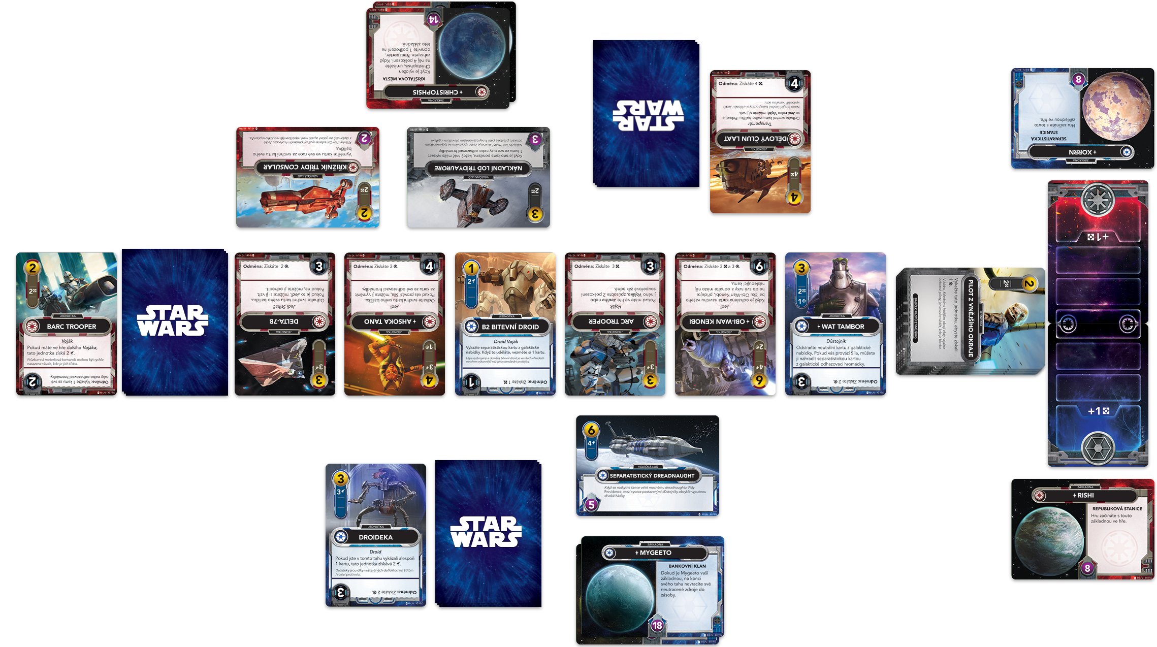 Ukázka karet a komponent z edice Clone Wars