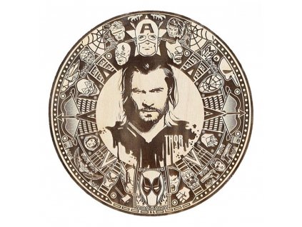 Laserom gravírovaná kruhová mandala superhrdinov do dreva - Thor
