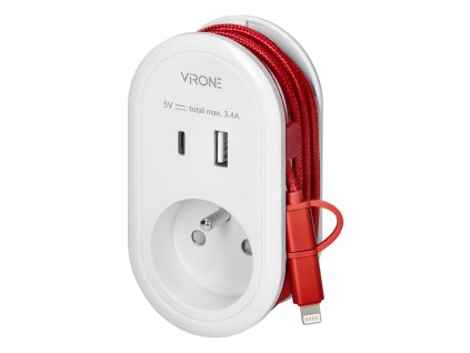 Zásuvka 230V s USB + USB-C nabíjačkou a kablom USB-C + lightning