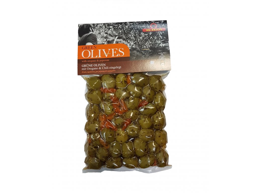 Olivy zelené s chilli papričkami a oregánem 250 g