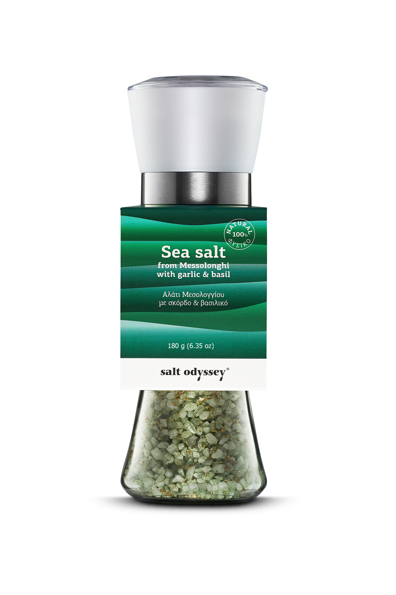 Mořská sůl hrubá s bazalkou a česnekem 180 g mlýnek Salt Odyssey