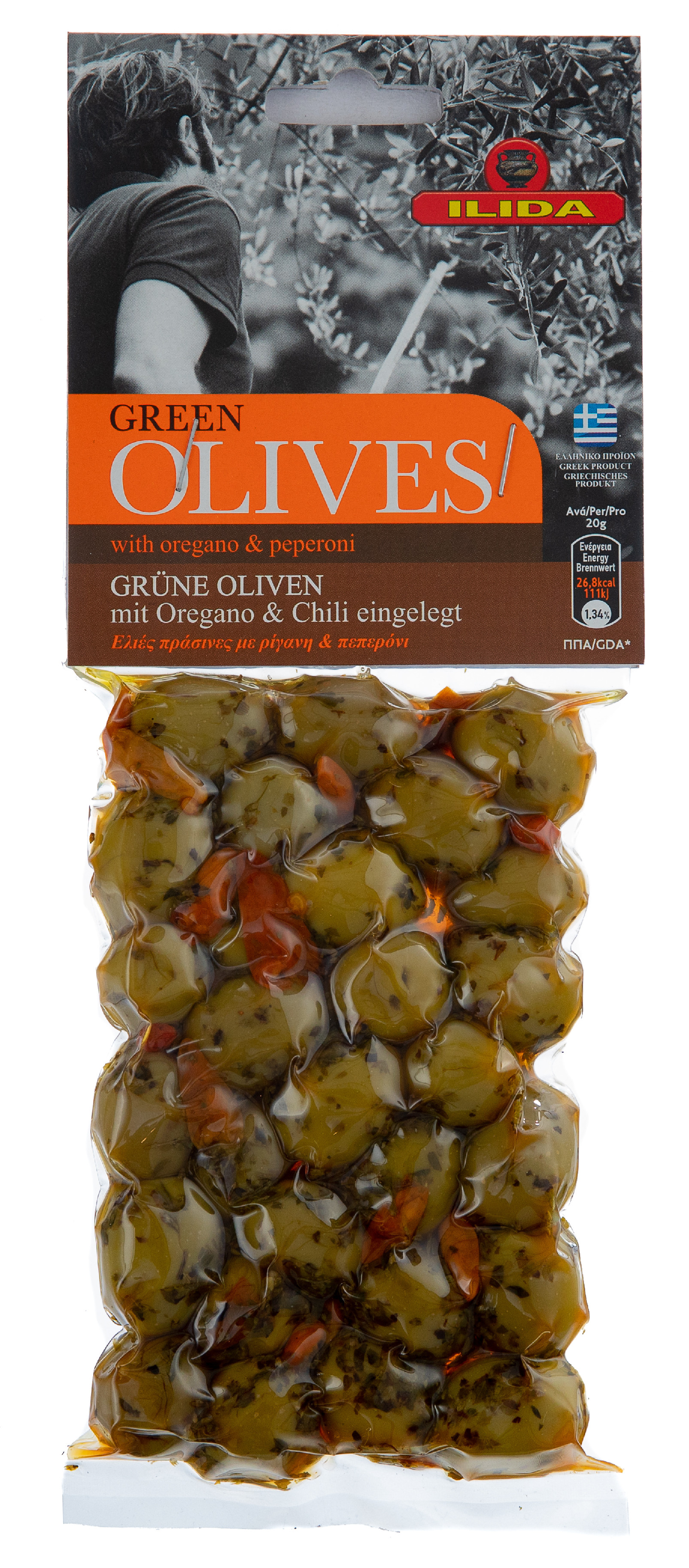 ILIDA Olivy zelené s chilli papričkami a oregánem 150 g