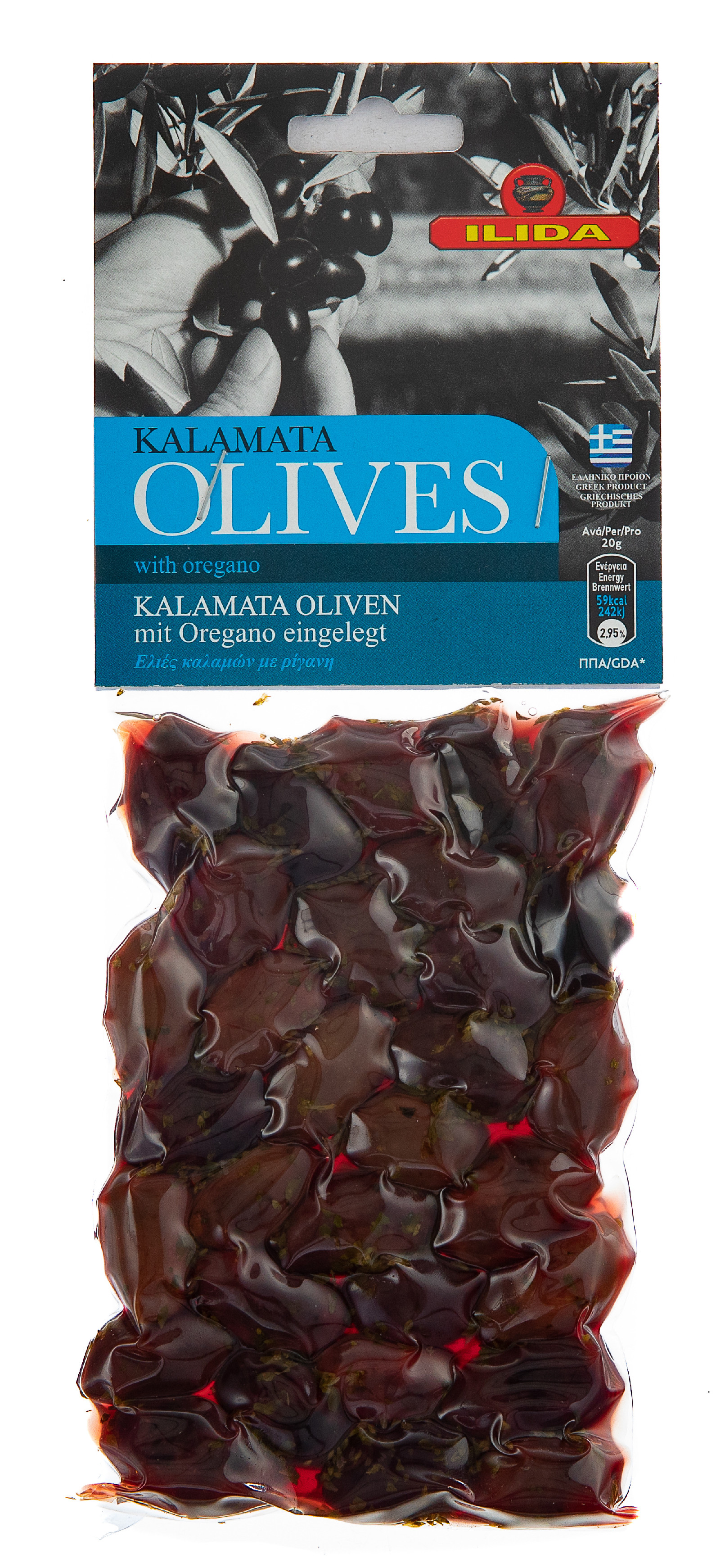 ILIDA Olivy černé KALAMATA s oregánem, s peckou 150 g