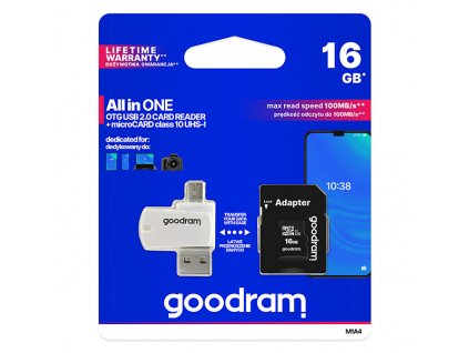 Goodram paměťová karta Micro Secure Digital Card All-In-ON, 16GB, micro SDHC, M1A4-0160R12, UHS-I U1 (Class 10), multipack se čteč
