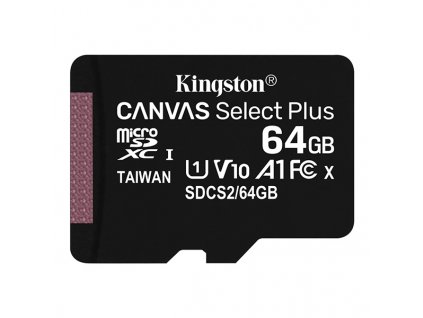 Kingston paměťová karta Canvas Select Plus, 64GB, micro SDXC, SDCS2/64GBSP, UHS-I U1 (Class 10), A1