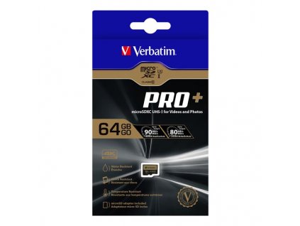 Verbatim paměťová karta micro SDXC Pro+, 64GB, micro SDXC, 44034, UHS-I U1 (Class 10), s adaptérem