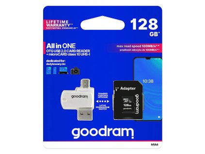 Goodram paměťová karta Micro Secure Digital Card All-In-ON, 128GB, multipack, M1A4-1280R12, UHS-I U1 (Class 10), multipack se čteč