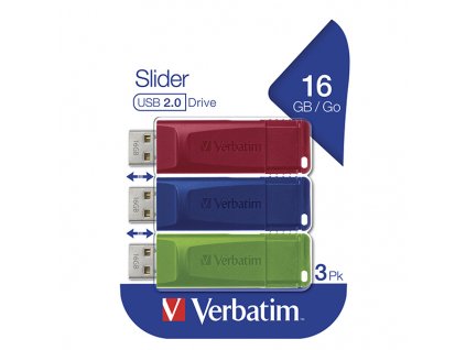 Verbatim USB flash disk, USB 2.0, 16GB, Slider, zelený, modrý, červený, 49326, USB A, s výsuvným konektorem, 3 ks