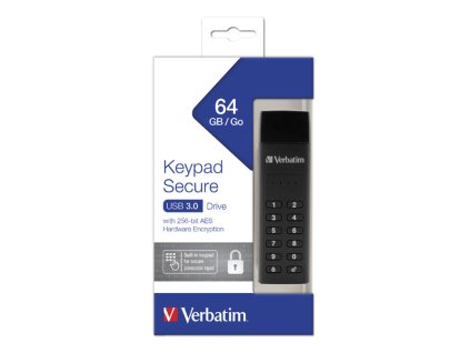 Verbatim USB flash disk, USB 3.0, 64GB, Keypad Secure, černý, 49428, 256bitové hardwarové šifrování AES, LED indikátor konektor US