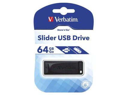 Verbatim USB flash disk, USB 2.0, 64GB, Slider, černý, 98698, USB A, s výsuvným konektorem