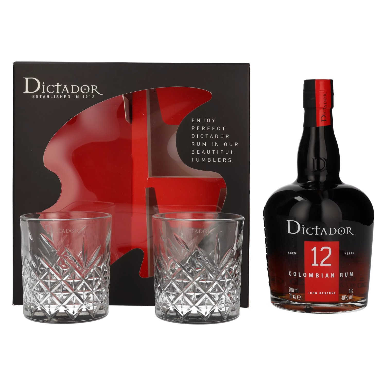 Dictador 12y 40% 0,7L v kartóne + 2 poháre