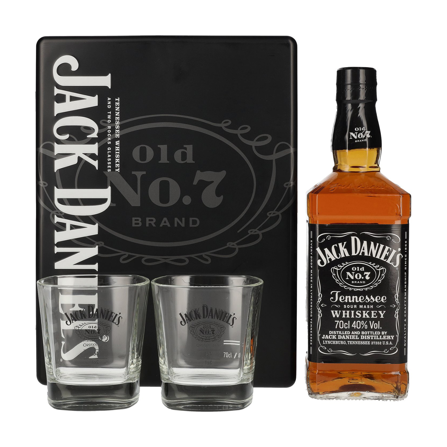Jack Daniel’s 40% 0,7L plech + 2 poháre (darčekové balenie)