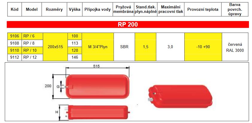 Expanzomat plochý obdélníkový CIMM RP 200 8l 3bar Obrázek