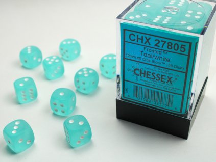 Sada 36 kostek Chessex - Frosted 12mm d6 Teal/white Dice Block