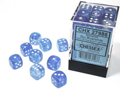 Sada 36 kostek Chessex - Borealis® 12mm d6 Sky Blue/white Luminary™