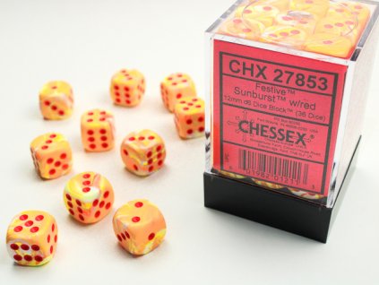 Sada 36 kostek Chessex - Festive® 12mm d6 w/pips Sunburst™/red