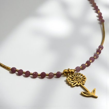 Pozlacený náhrdelník chryzantéma a turmalín - nerezový přívěsek, stříbrné komponenty (Ag 925)