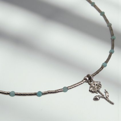 Rhodiovaný náhrdelník kopretina a amazonit-mosazný přívěsek, stříbrné prvky (Ag 925)