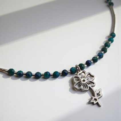 Rhodiovaný náhrdelník sasanka a chryzokol - nerezový přívěsek, stříbrné komponenty (Ag 925)