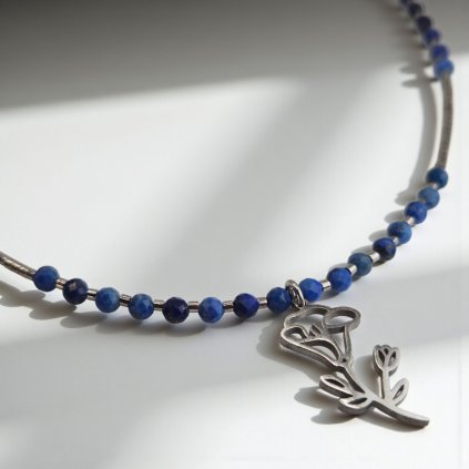 Rhodiovaný náhrdelník povijnice a lapis lazuli - nerezový přívěsek, stříbrné komponenty (Ag 925)