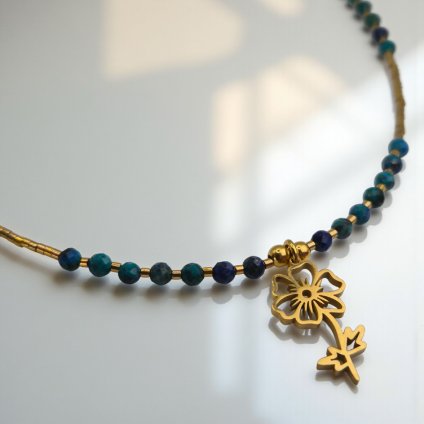 Pozlacený náhrdelník sasanka a chryzokol - nerezový přívěsek, stříbrné komponenty (Ag 925)