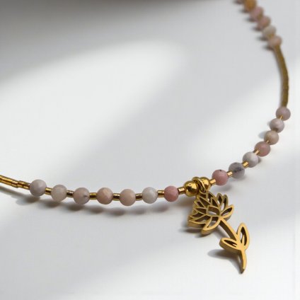 Pozlacený náhrdelník leknín a růžový opál - nerezový přívěsek, stříbrné komponenty (Ag 925)