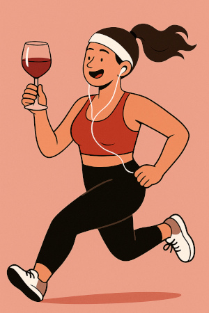 Žena běžící se skleničkou vína