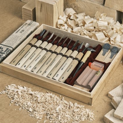 Set - Japanische handgefertigte Schnitzbeitel HORISEI SAKU HIRAKU mit Hobeln und Wasserstein - 10 Stück 1