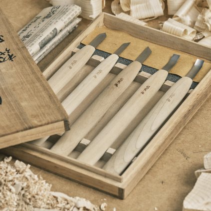Set - Japanische handgefertigte Schnitzbeitel SHODAI aus Yasuki-Blaustahl - 5 Stück 1
