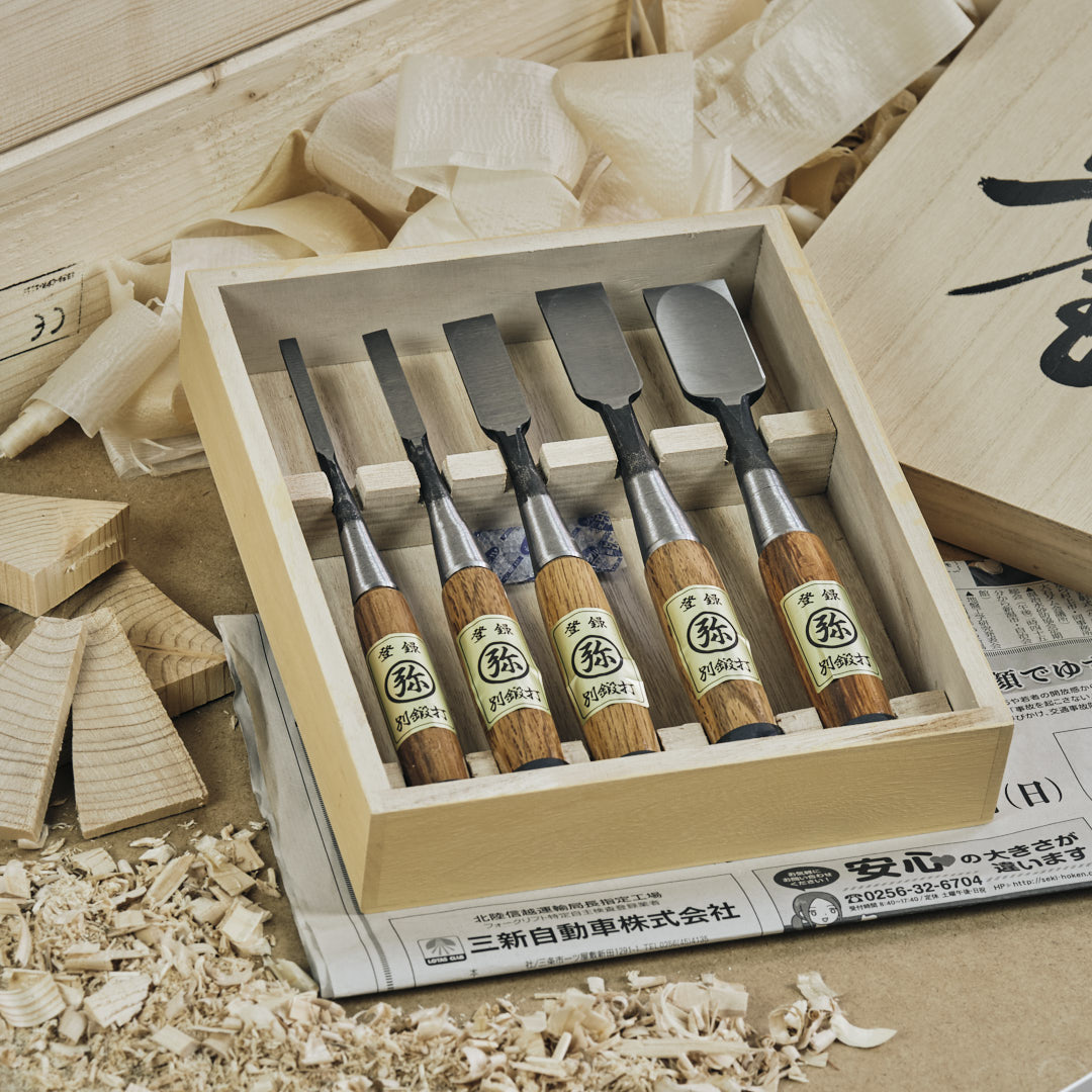 FUJIKAWA Yasuki Yellow Steel kézzel készített japán asztalosvéső-készlet (5 db)