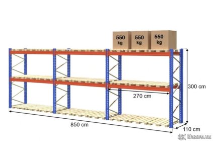 Paletový skladový regál STOW 0+2, výška 300 cm, délka 850 cm, nosnost 1664kg na pár nosníků