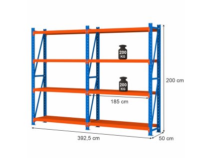 Regal magazynowy 8 polkowy Mega M FORTIS LIGHT H 200 cm L 392.5 cm G 50 cm 1