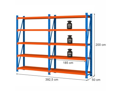 Regal magazynowy 10 polkowy Mega M FORTIS LIGHT H 200 cm L 392.5 cm G 50 cm 1