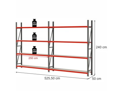 Regal magazynowy 8 polkowy Mega M FORTIS H 240 cm L 525.5 cm G 50 cm 4