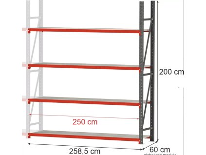 Skladový regál 4-policový FORTIS 200x267x60 cm modul rozšíření