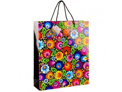 torebka ozdobna folk z motywem ludowym lowicka czarna butelkowa 7849