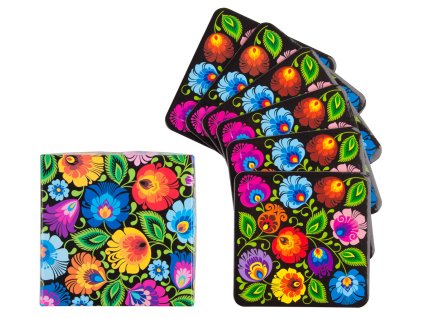 podkladki korkowe w ludowe wzory zapakowane w dekoracyjne pudelko zestaw 6 sztuk podkladek wzor lowickie kwiaty z wycinanki czarne tlo 9174