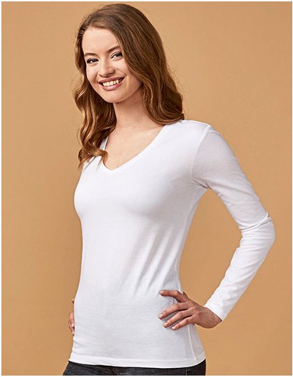 Dámské tričko s výstřihem do V s dlouhým rukávem (Barva White, Velikost XS)