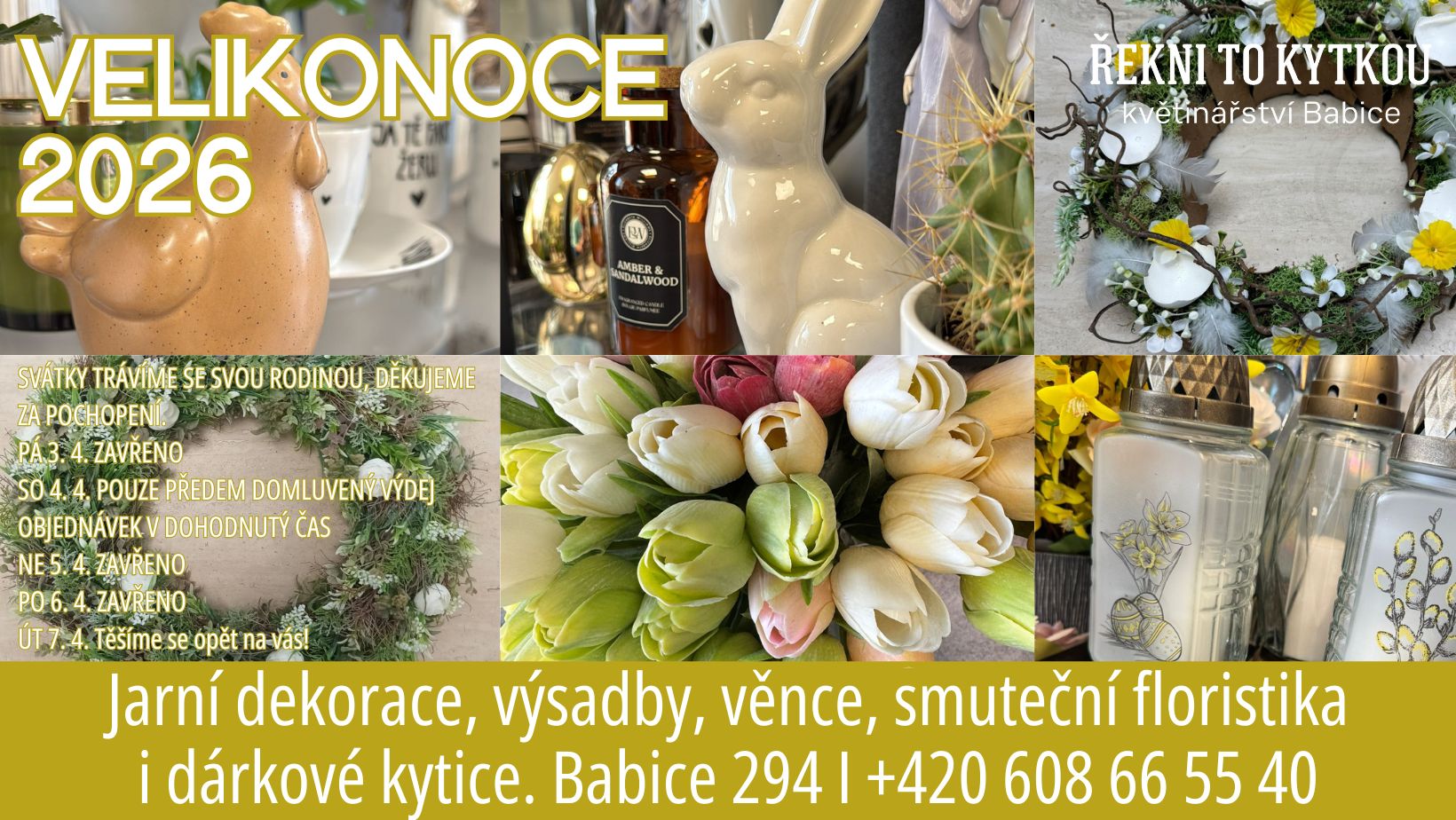 Velikonoce 2026: Jarní květiny a velikonoční dekorace z květinářství Řekni to kytkou
