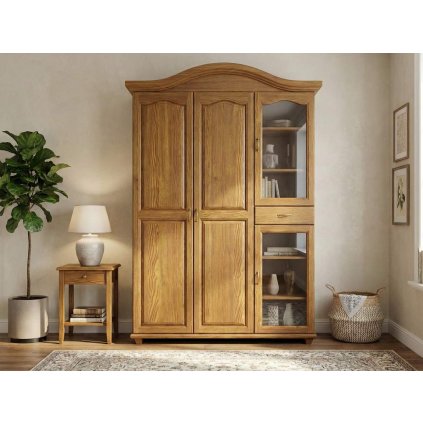 Prosklená šatní skříň Ludvík 4D1S pološatní se šuplaty - masiv borovice