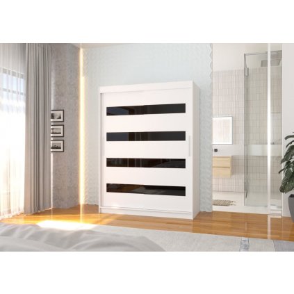 Šatní skříň s posuvnými dveřmi Martinez - 150 cm - bílá + černý lacobel